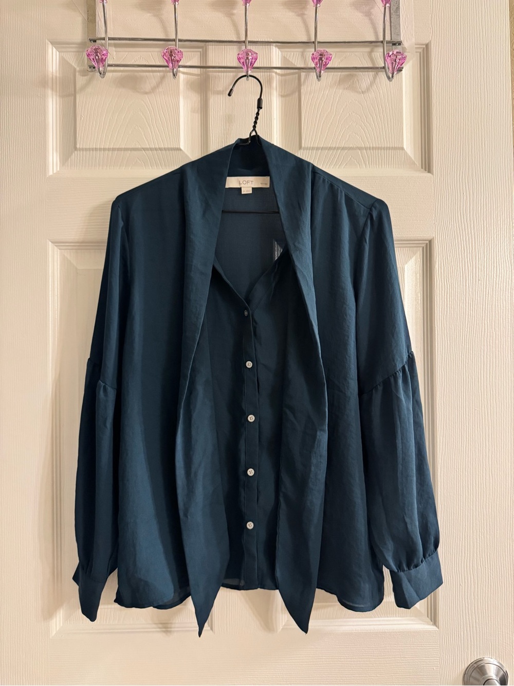 LOFT Teal-Blue Button Front Blouse with Neck Tie